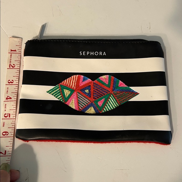 Sephora Black & White Striped Cosmetic Pouch with Colorful “Embroidered” Lips - Picture 3 of 6